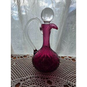 Vintage Amethyst Purple Glass Decanter With Stopper & Clear Handle